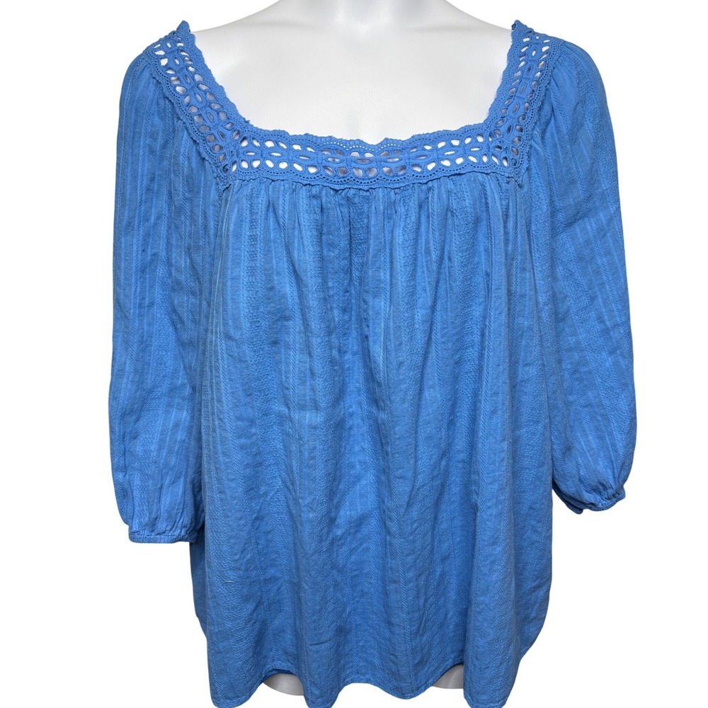 LANE BRYANT Womens Blue Crochet Eyelet Peasant Blouse Sz 20 Boho Romantic Flowy
